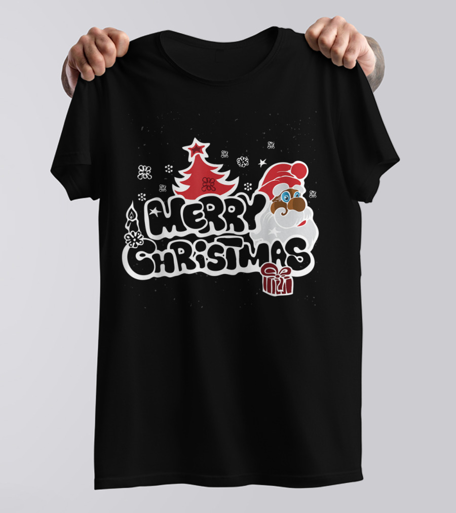 Merry Christmas Santa Red Tree Gift Black Holiday T-Shirt