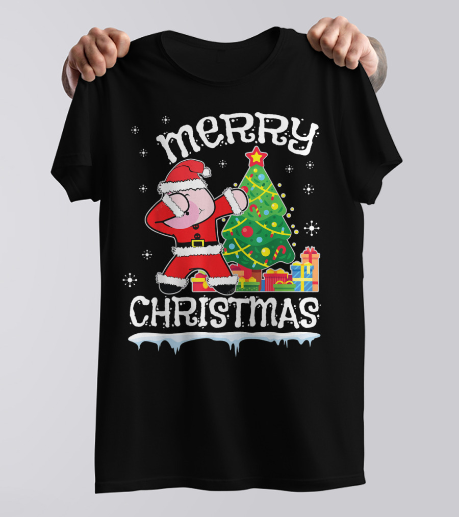 Merry Christmas Pig Dabbing By Noel Presents Tree Snow T-Shirt