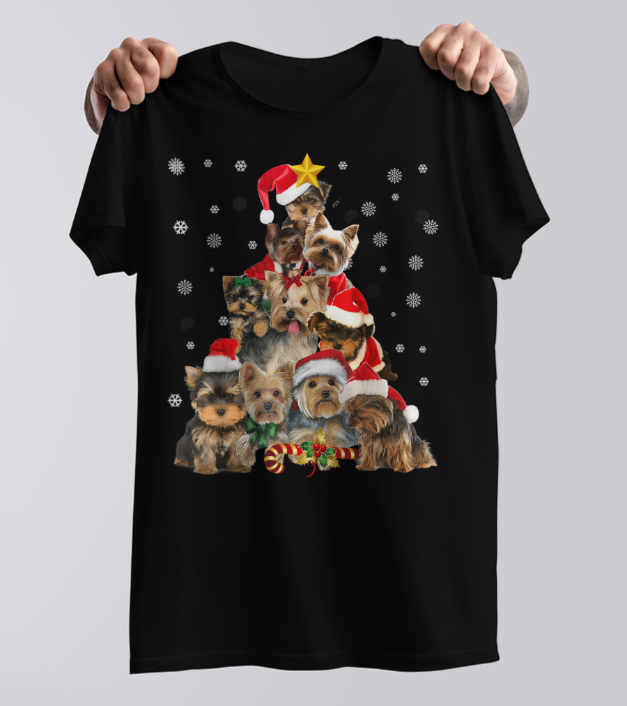 Yorkie Christmas Tree With Santa Hats And Candy Canes T-Shirt
