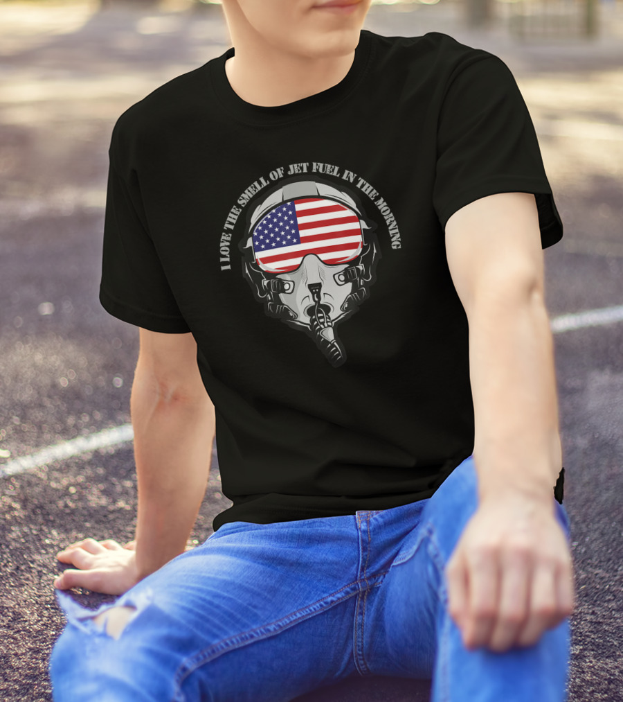 I Love The Smell Of Jet Fuel In The Morning Pilot Mask With American Flag Visor T-Shirt