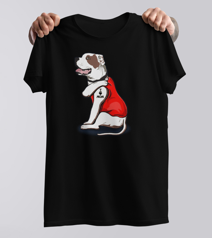 American Bulldog Wearing I Love Mom Tattoo Paw Sleeve T-Shirt