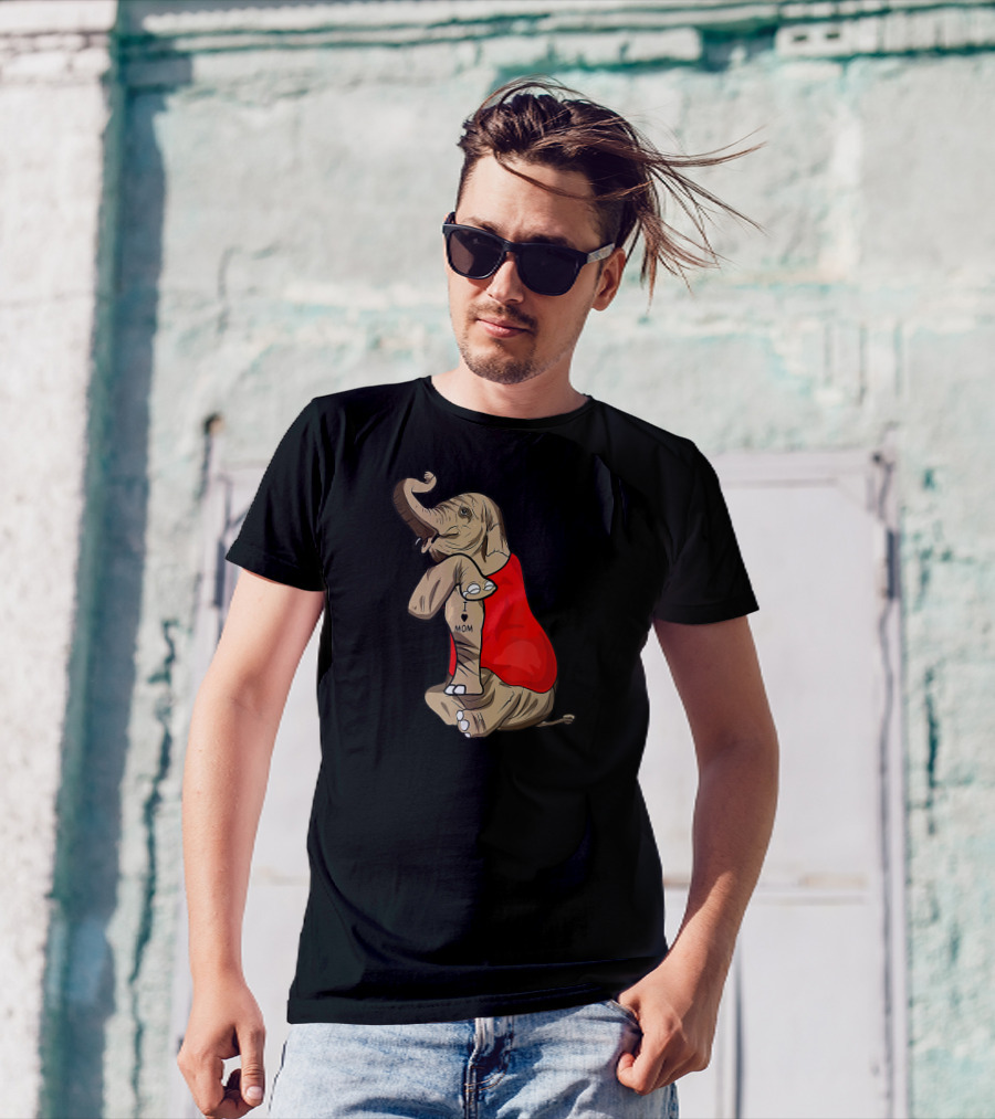 Elephant In Red I Love Mom Tattoos T-Shirt