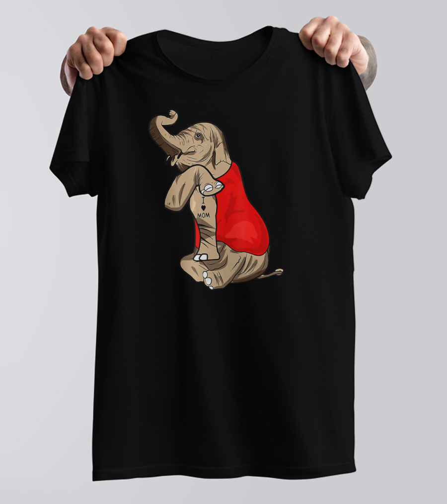 Elephant In Red I Love Mom Tattoos T-Shirt