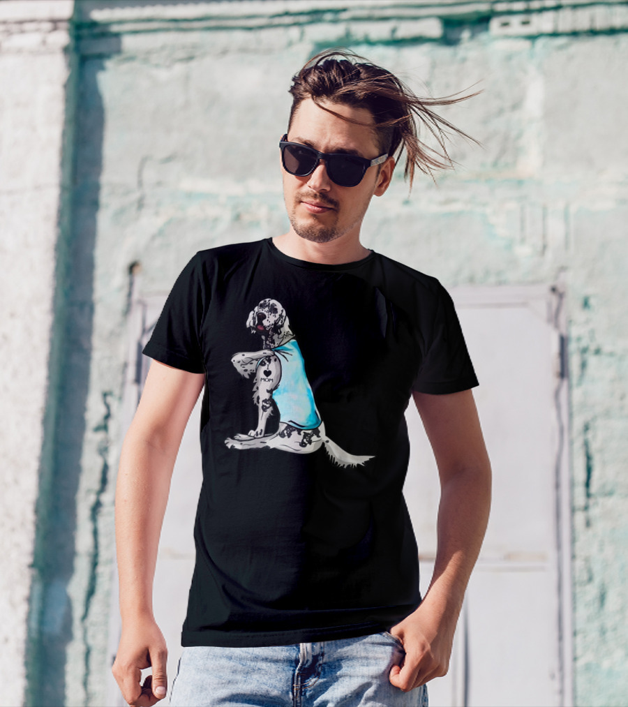 English Setter With I Love Mom Tattoo And Blue Bandana T-Shirt