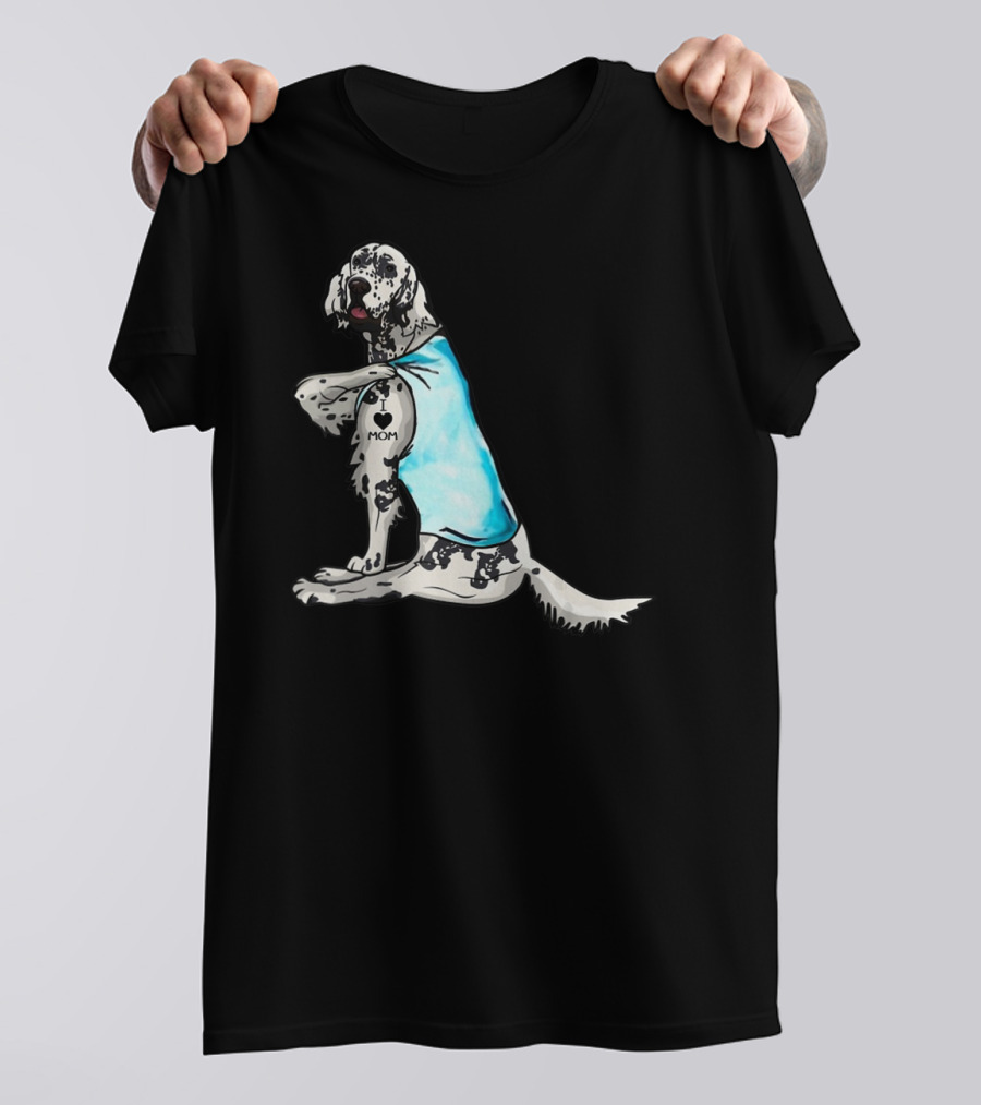 English Setter With I Love Mom Tattoo And Blue Bandana T-Shirt