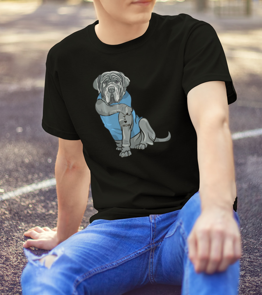Neapolitan Mastiff I Love Mom Tattoo Dog Wearing Blue T-Shirt