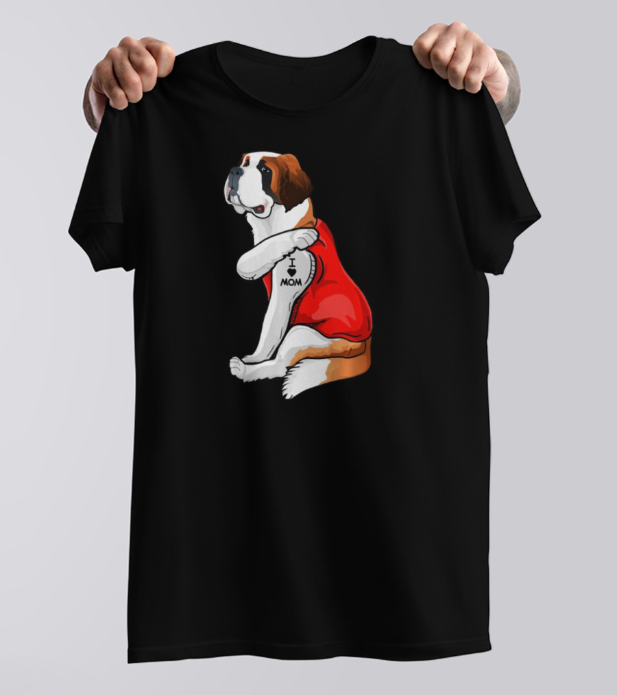 St Bernard Dog I Love Mom Tattoo Heart Red Top T-Shirt