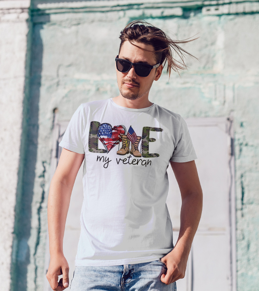 Love Camouflage Heart Boots American Flag My Veteran T-Shirt