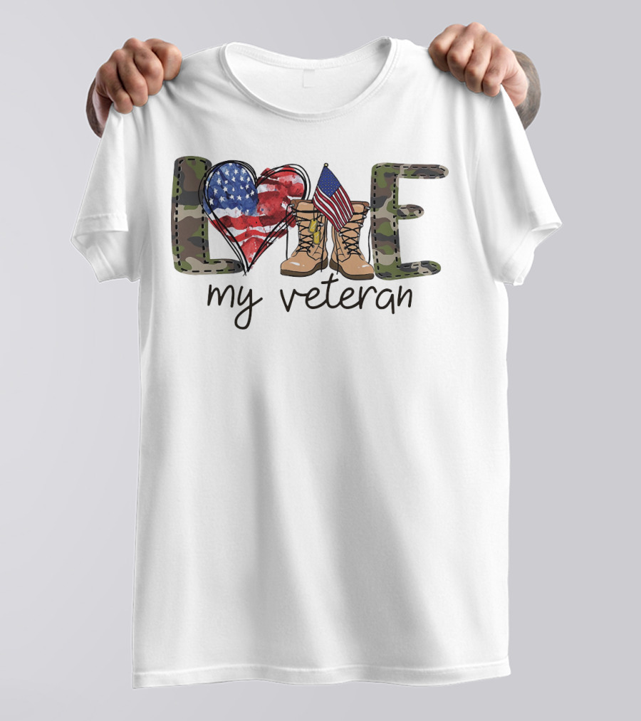 Love Camouflage Heart Boots American Flag My Veteran T-Shirt