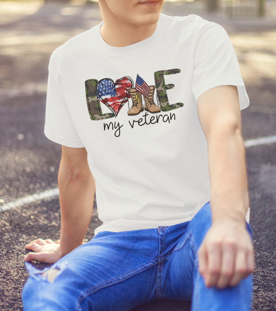 Love Camouflage Heart Boots American Flag My Veteran T-Shirt