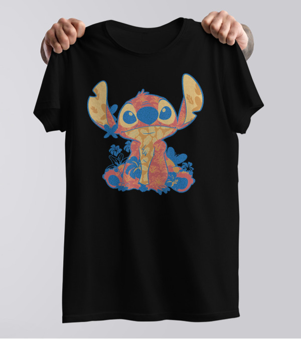 Disney Lilo Stitch Orange Blue Hawaiian Floral T-Shirt