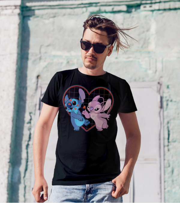 Disney Lilo And Stitch Angel Heart Grid Love T-Shirt