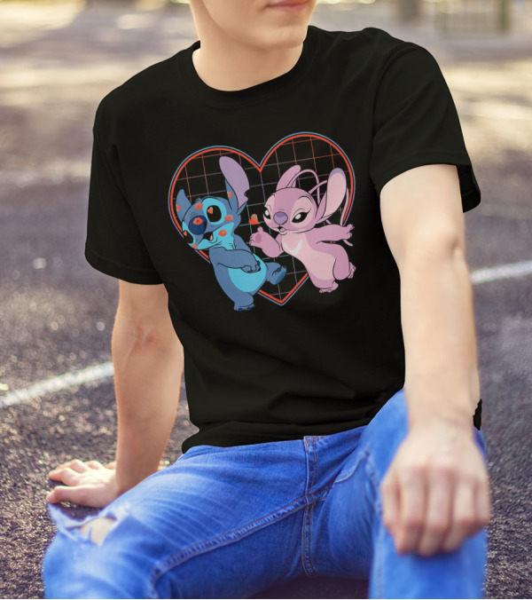 Disney Lilo And Stitch Angel Heart Grid Love T-Shirt