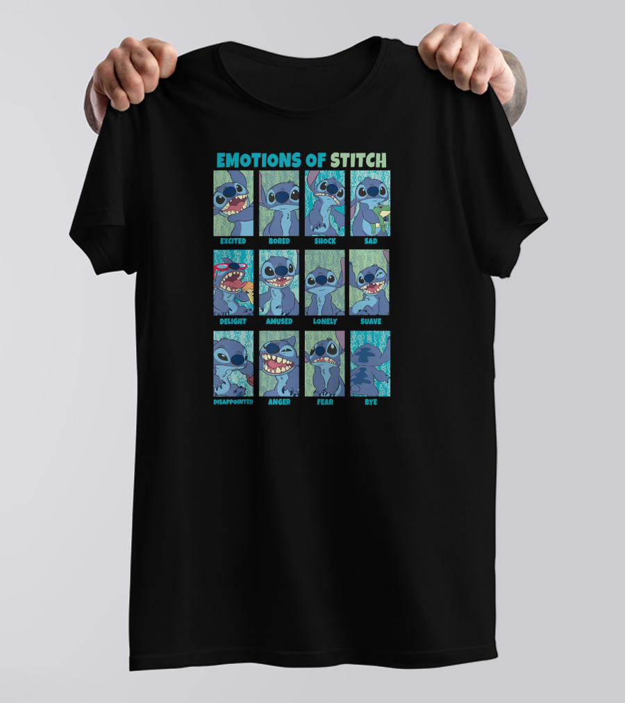 Disney Lilo And Stitch Excited Bored Shock Sad Delight Amused Lonely Suave Disappointed Anger Fear Bye Emotions Of Stitch T-Shirt
