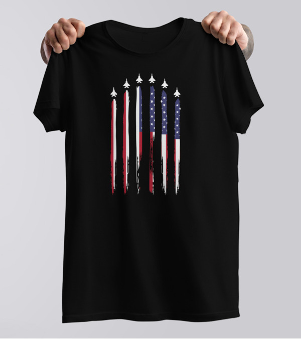 Airplane Jet Fighter USA Flag 4th Of July Patriotic Stripes T-Shirt