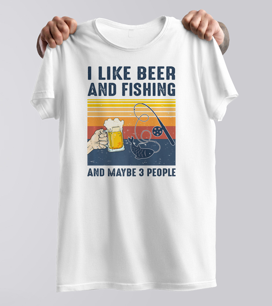 I Like Beer And Fishing And Maybe 3 People Vintage Sunset Beer Mug Fishing Rod T-Shirt