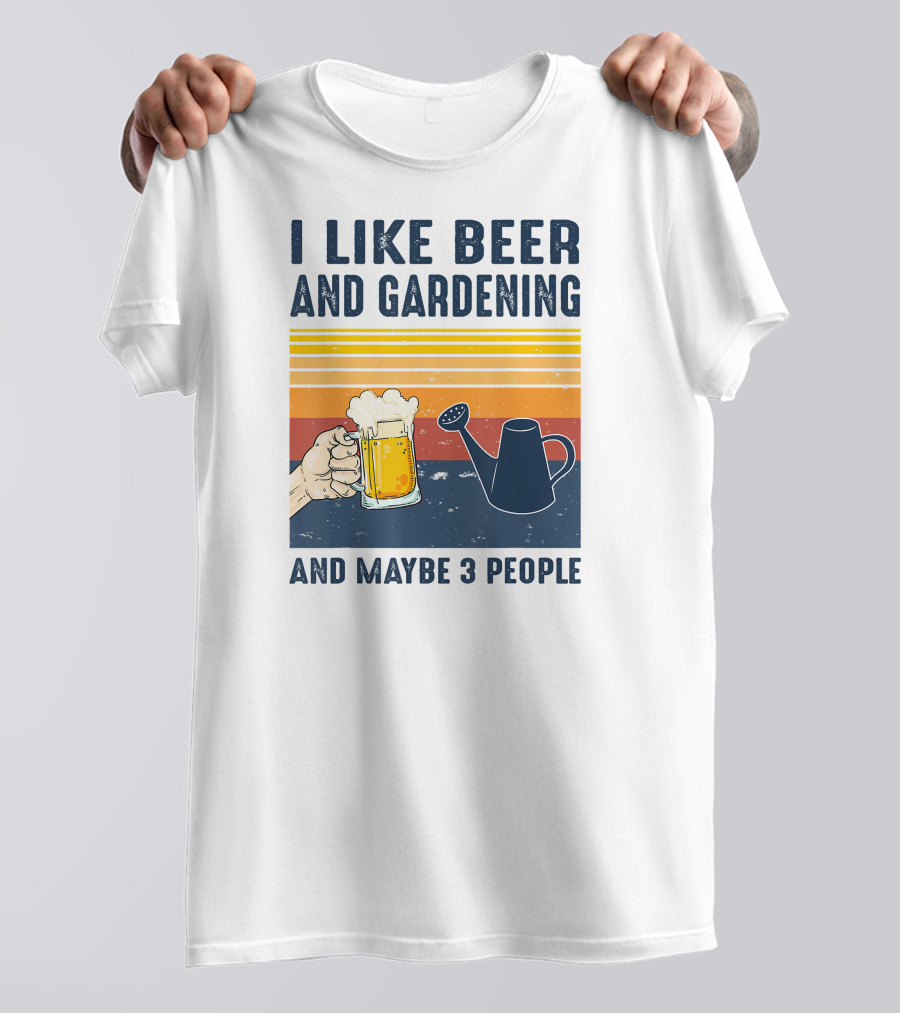I Like Beer And Gardening And Maybe 3 People Vintage Retro Stripes Watering Can And Beer Mug T-Shirt