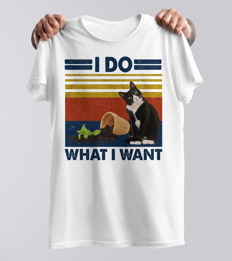 Tuxedo Kitty I Do What I Want Retro Stripes Plant Cup Soil T-Shirt