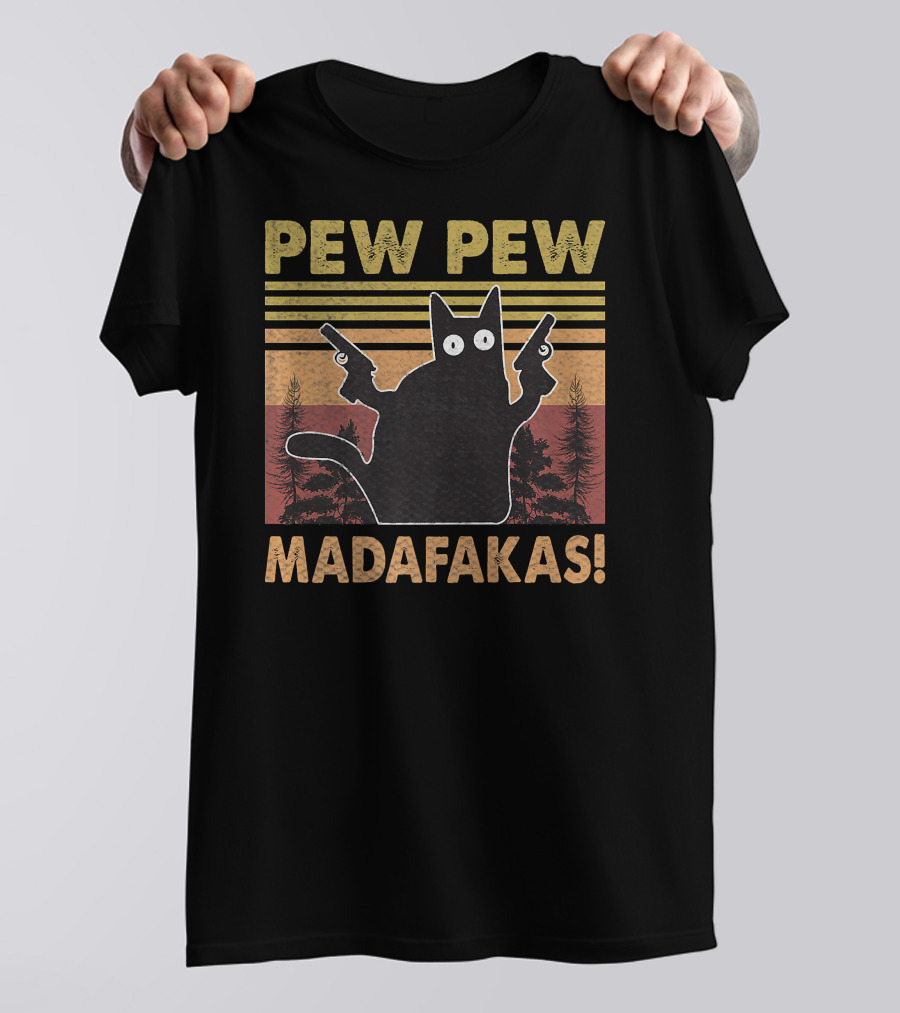 Pew Pew Madafakas Cat Vintage Retro Sunset Forest T-Shirt