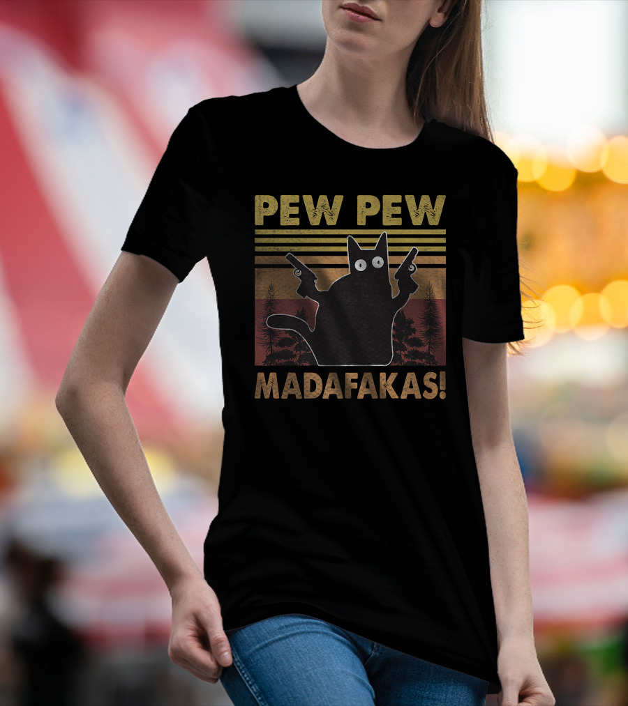 Pew Pew Madafakas Cat Vintage Retro Sunset Forest T-Shirt