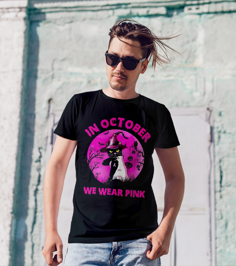 In October We Wear Pink Black Cat Witch Hat Pumpkin Breast Cancer Awareness T-Shirt