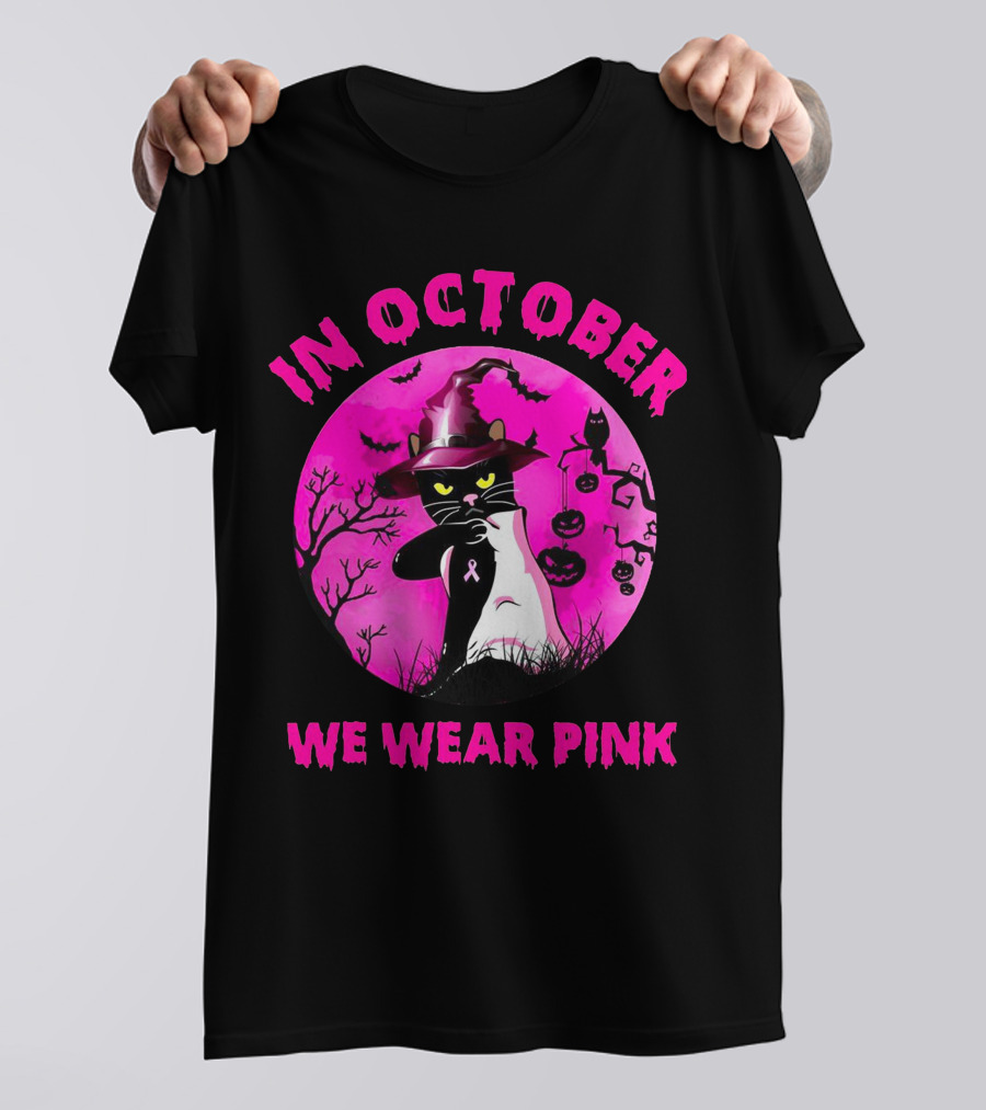 In October We Wear Pink Black Cat Witch Hat Pumpkin Breast Cancer Awareness T-Shirt