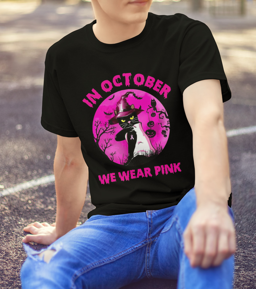 In October We Wear Pink Black Cat Witch Hat Pumpkin Breast Cancer Awareness T-Shirt