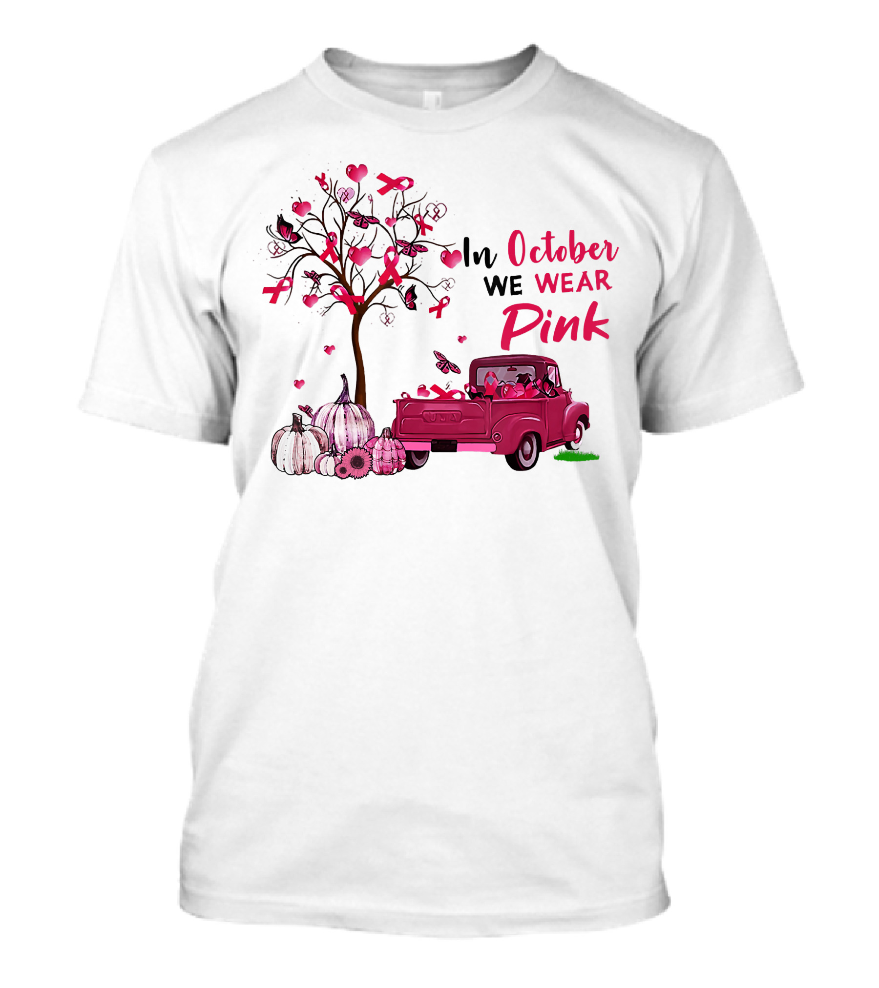 In October We Wear Pink Truck Pumpkins Breast Cancer Awareness T-Shirt