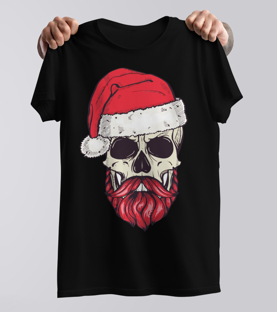 Vintage Bearded Skull Santa Claus With Red Hat And Mustache T-Shirt