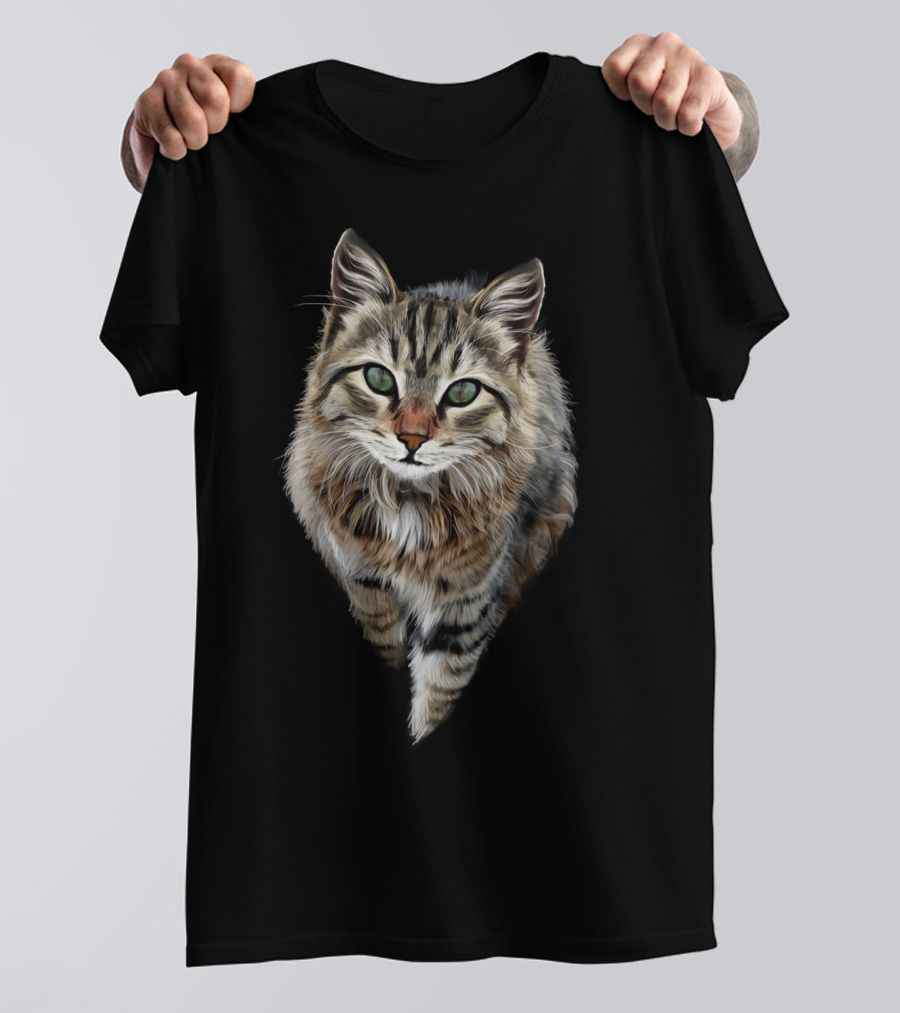 Brown Cat Green Eyes Cats Feline Realistic T-Shirt