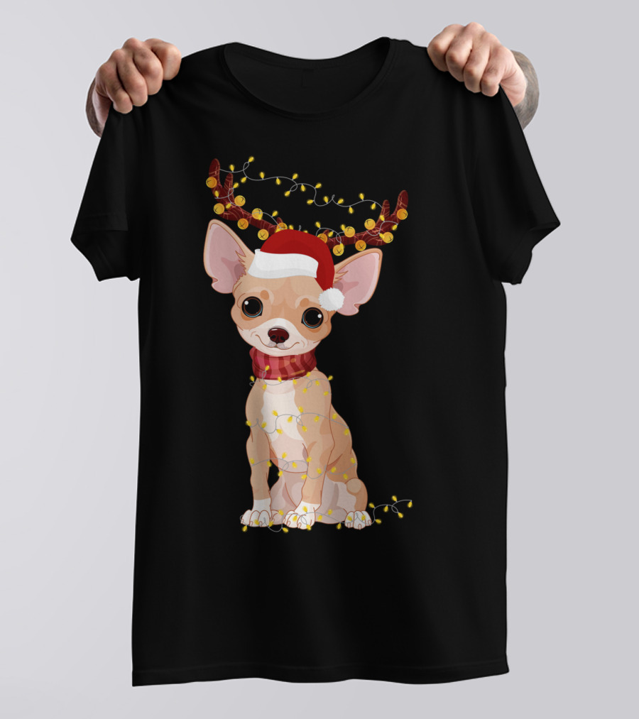 Chihuahua With Santa Hat Reindeer Antlers Christmas Lights Noel T-Shirt