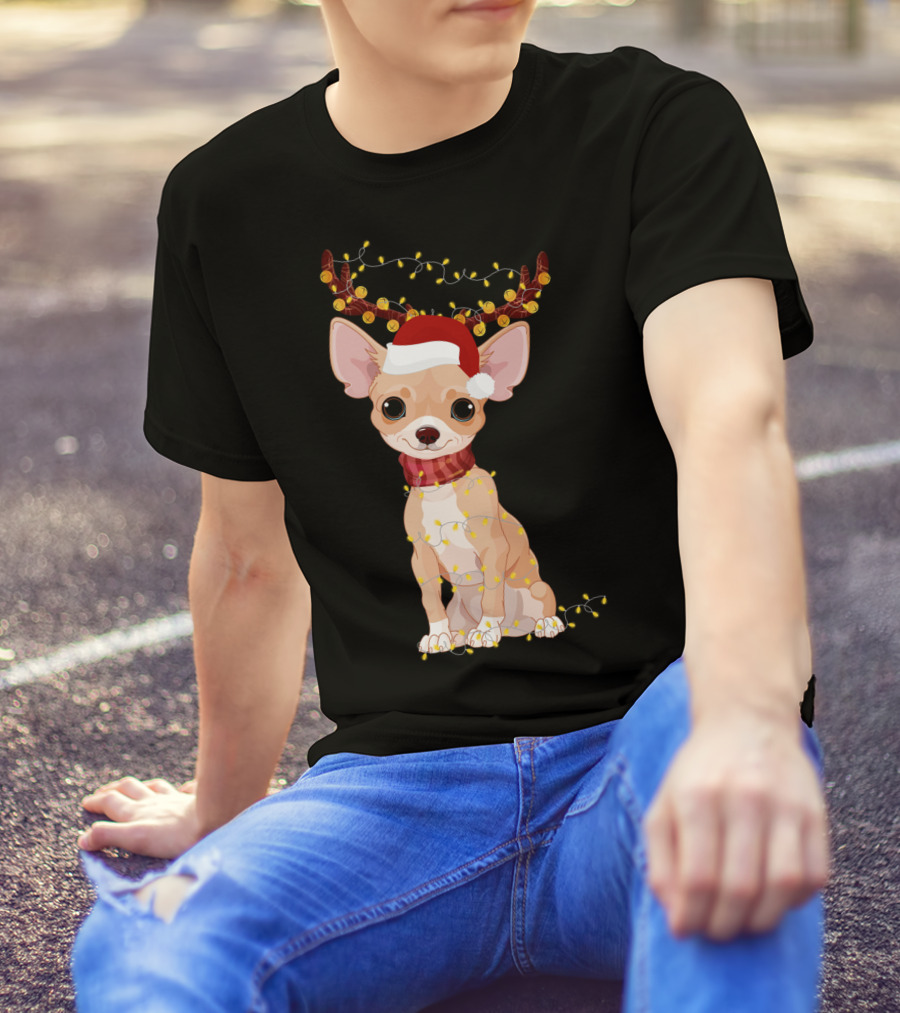 Chihuahua With Santa Hat Reindeer Antlers Christmas Lights Noel T-Shirt