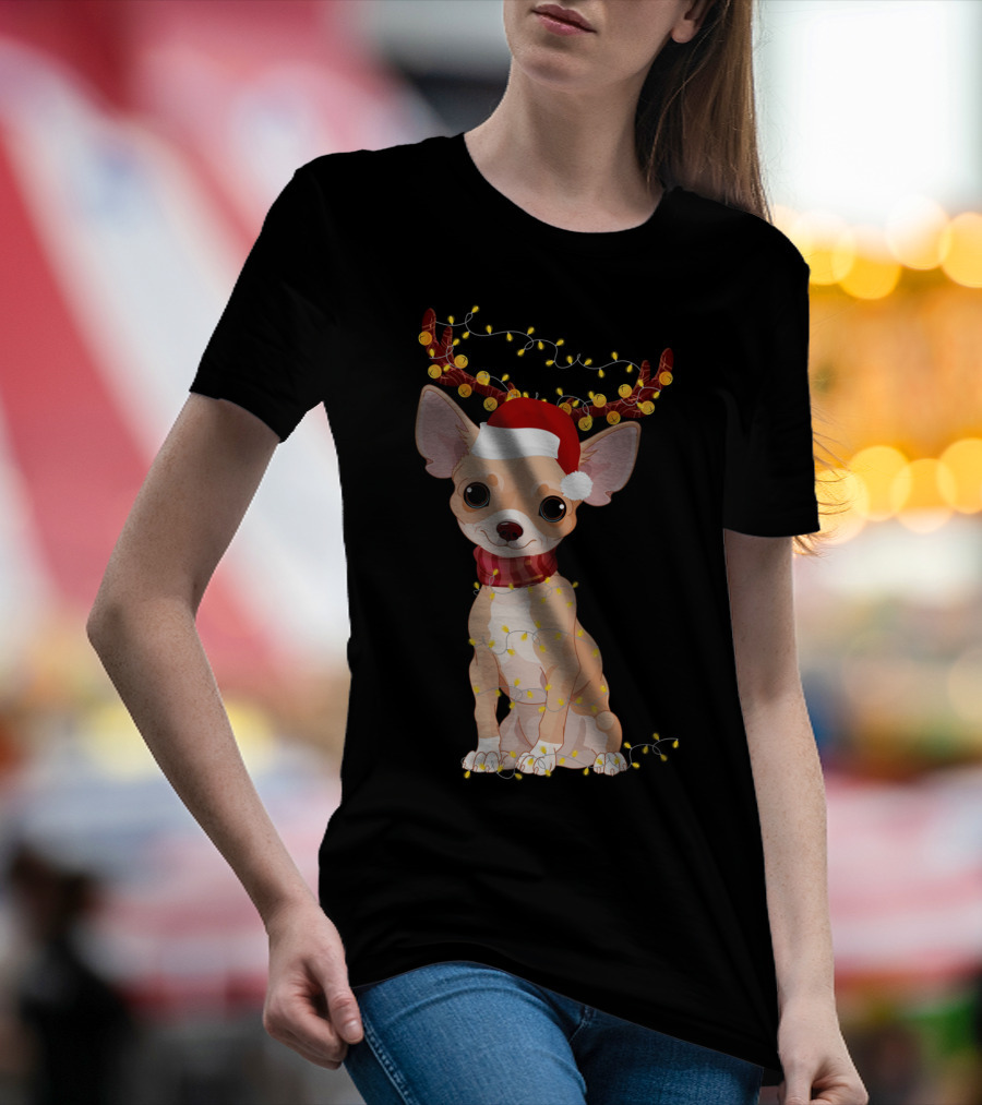 Chihuahua With Santa Hat Reindeer Antlers Christmas Lights Noel T-Shirt