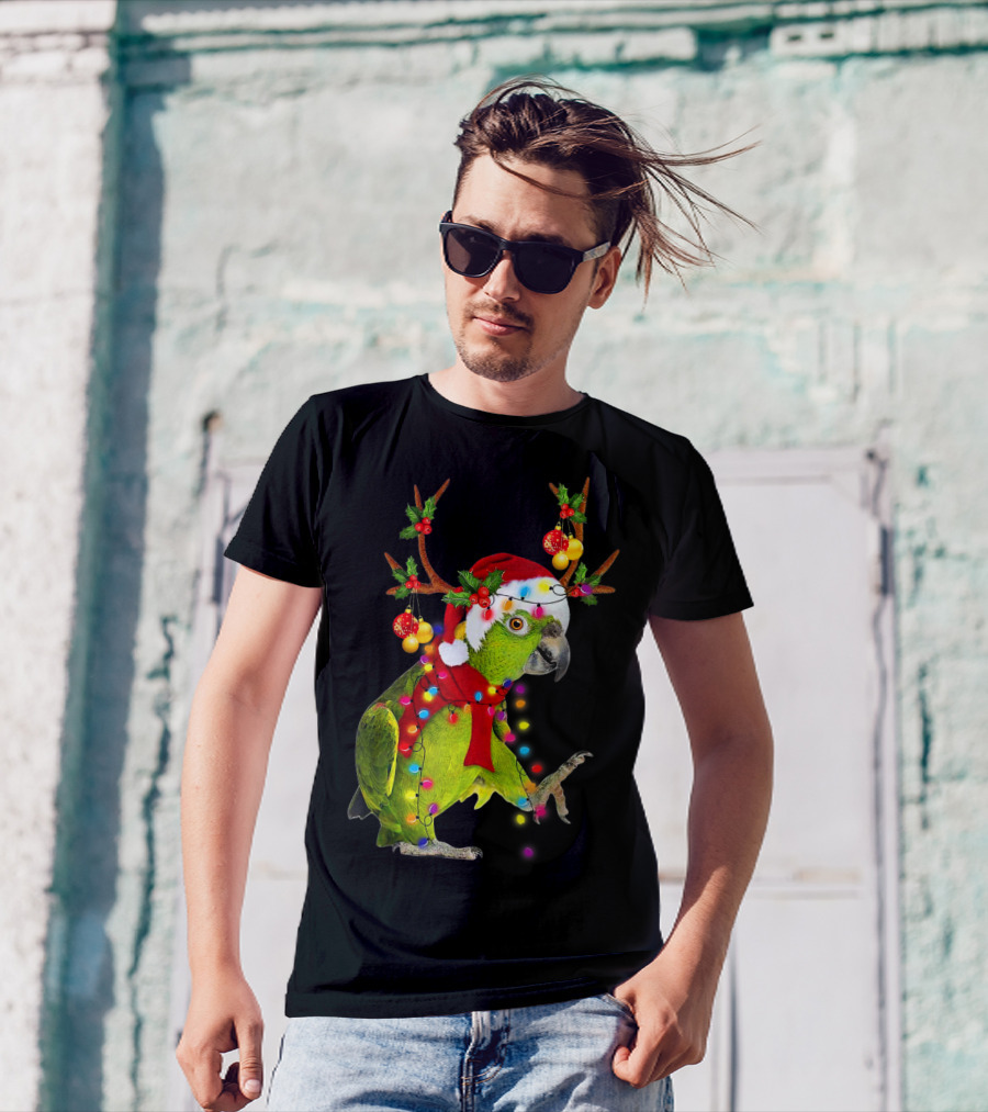 Cockatoo Parrot Reindeer Antlers Christmas Lights Santa Hat T-Shirt