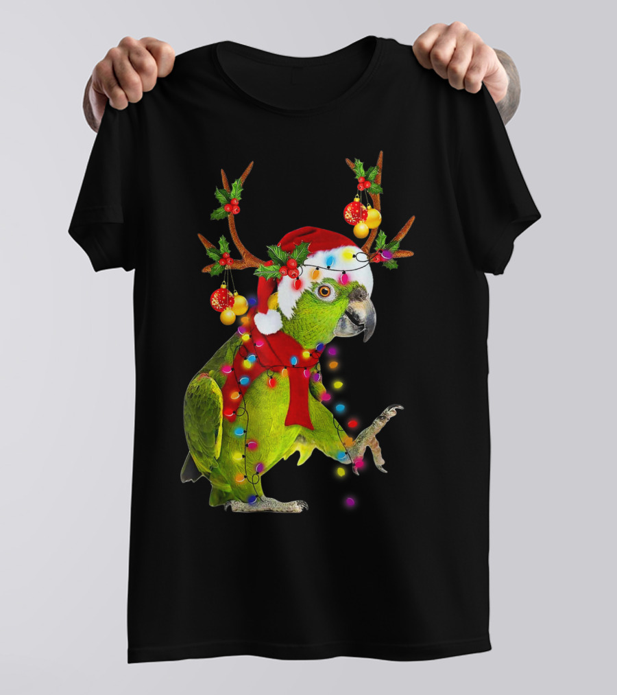 Cockatoo Parrot Reindeer Antlers Christmas Lights Santa Hat T-Shirt
