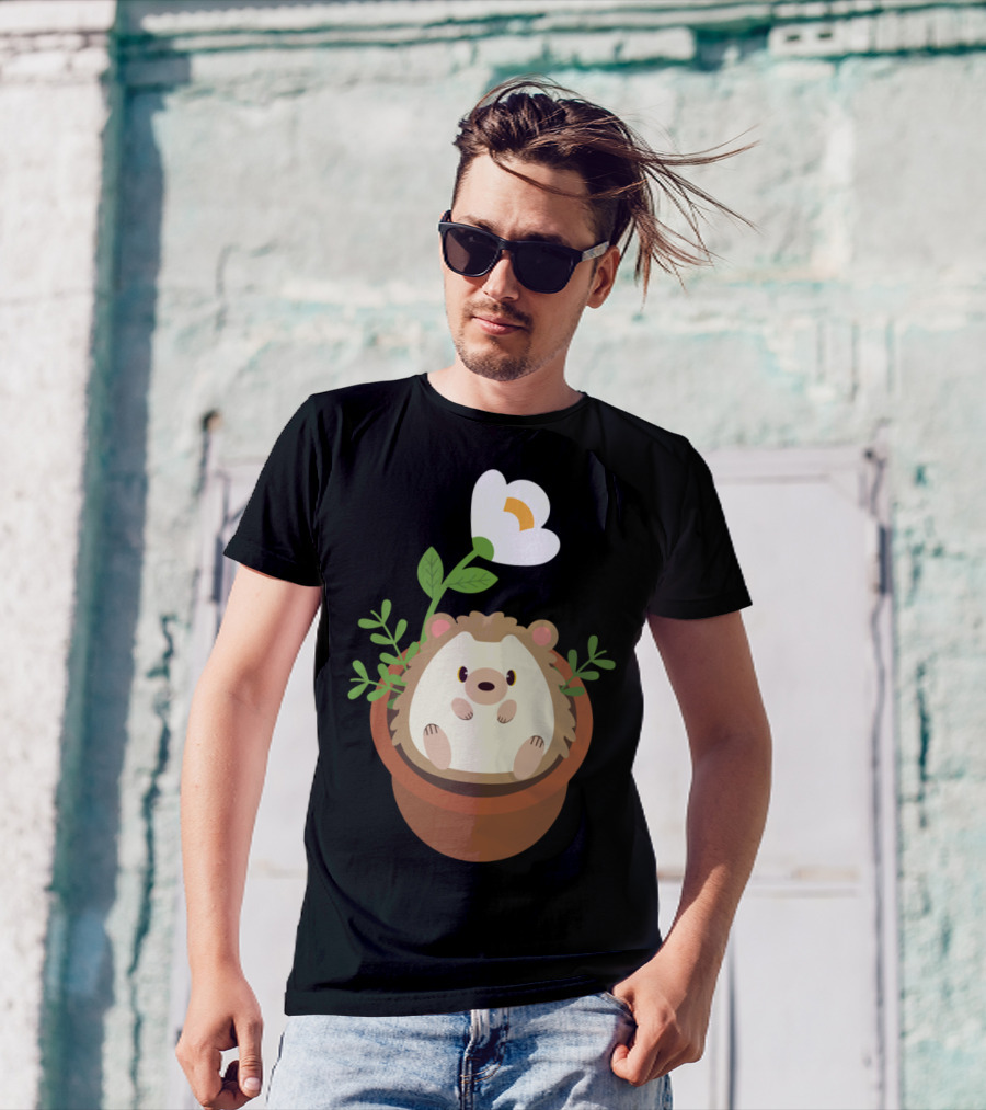 Cute Hedgehog Sitting In Flowering Plant Pot T-Shirt