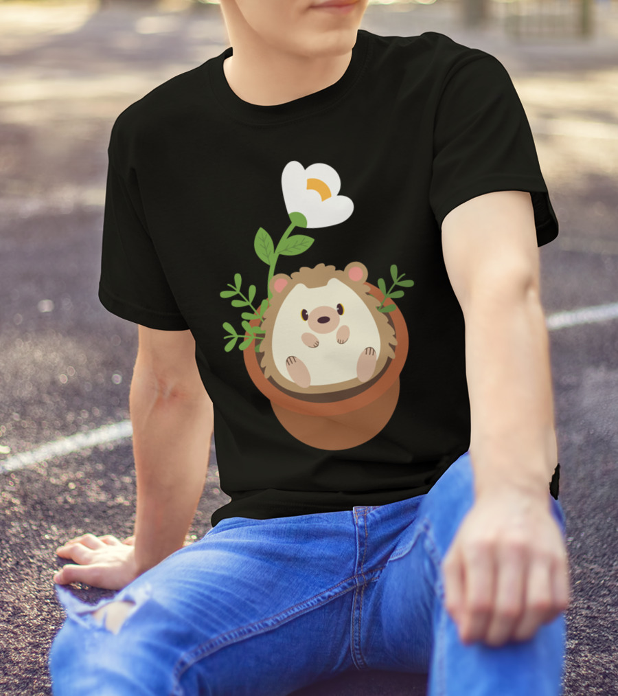 Cute Hedgehog Sitting In Flowering Plant Pot T-Shirt