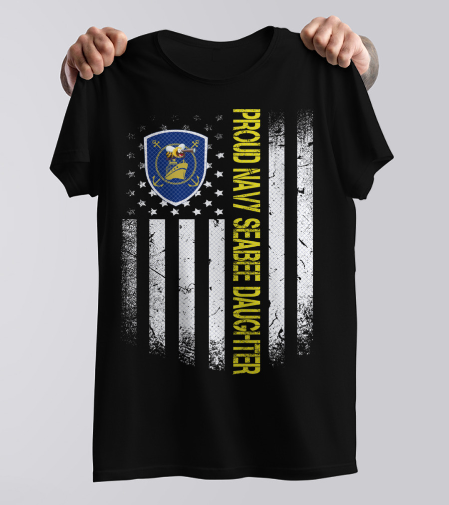Proud Navy Seabee Daughter Black And White American Flag With Seabee Emblem T-Shirt