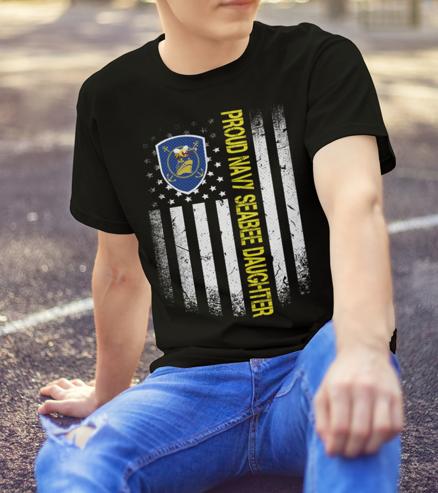 Proud Navy Seabee Daughter Black And White American Flag With Seabee Emblem T-Shirt