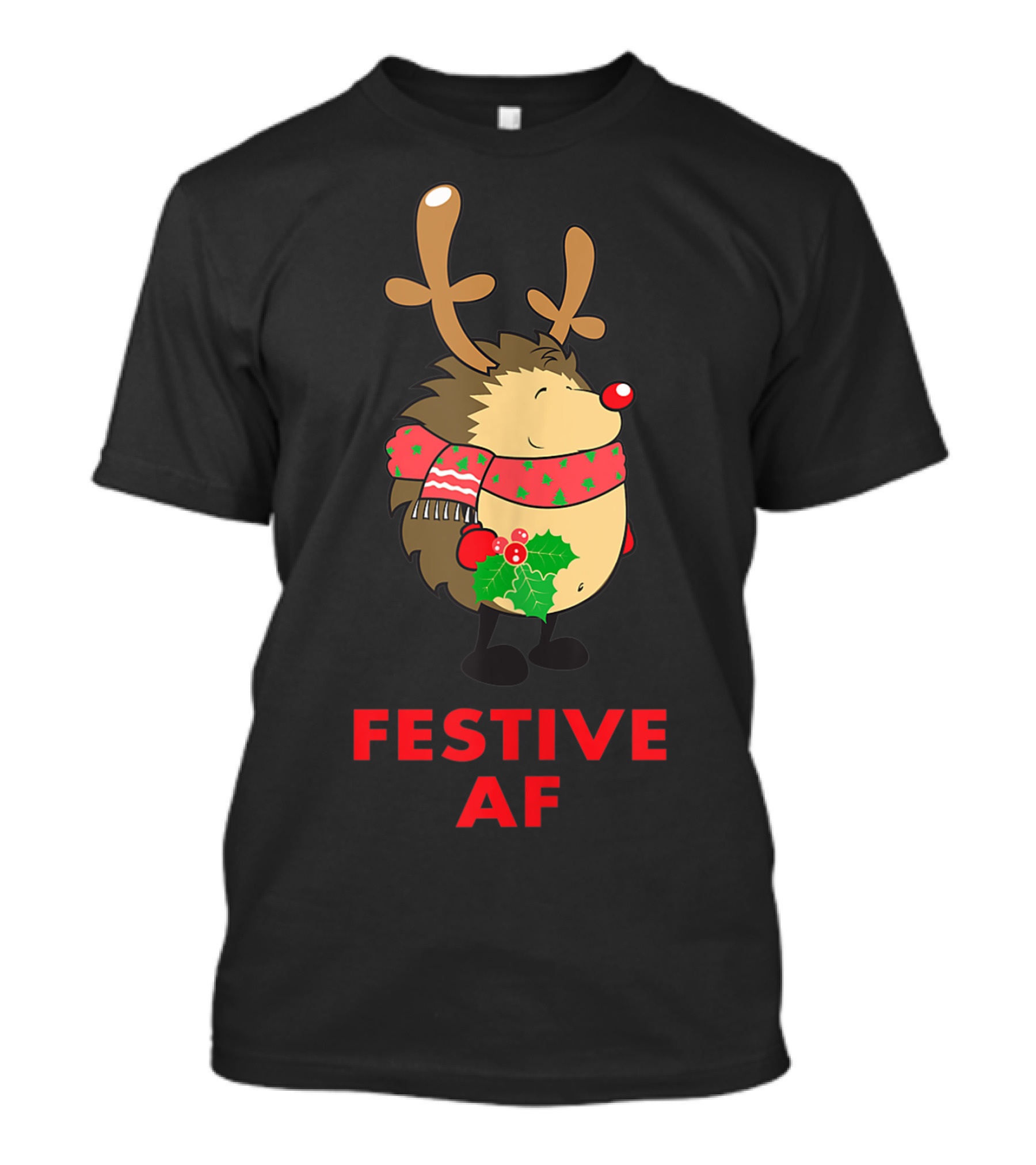 Festive AF Funny Christmas Hedgehog With Reindeer Antlers And Scarf T-Shirt
