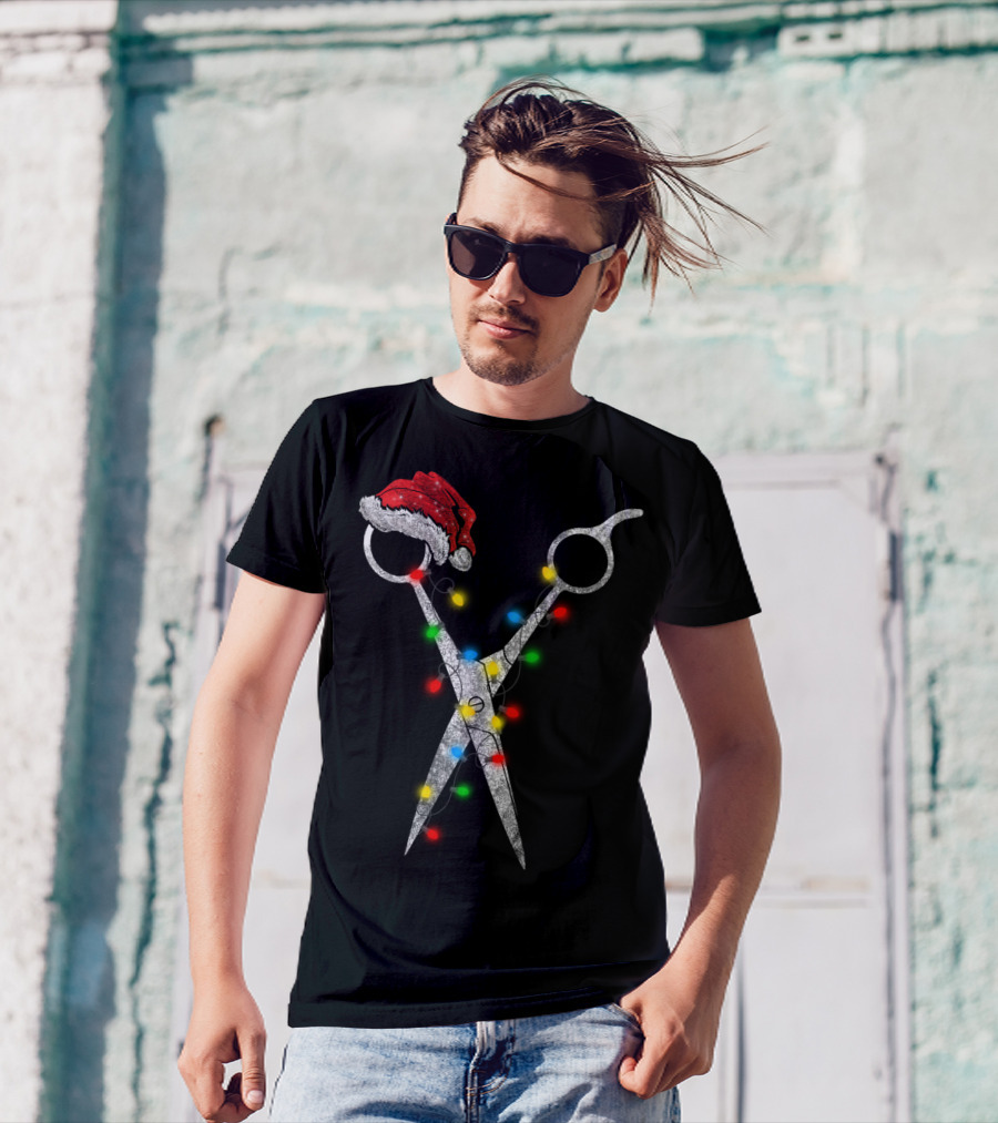Funny Christmas Scissor Hairstylist Santa Hat Lights T-Shirt