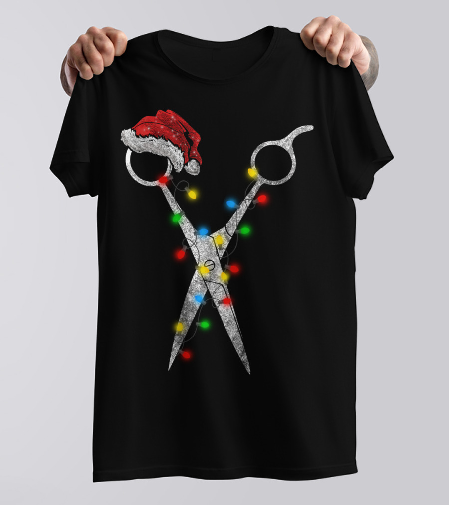 Funny Christmas Scissor Hairstylist Santa Hat Lights T-Shirt