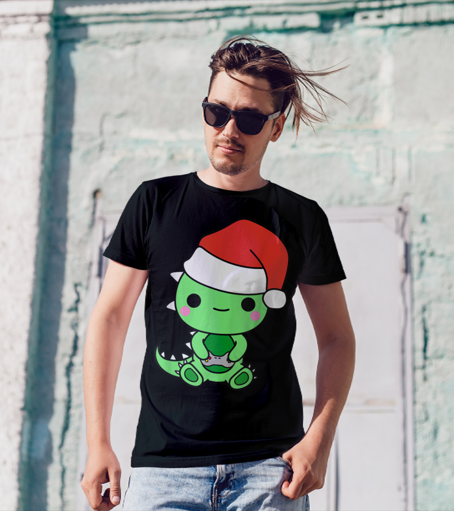 Christmas Gaming Dinosaur Santa Gamer Nerd T-Shirt