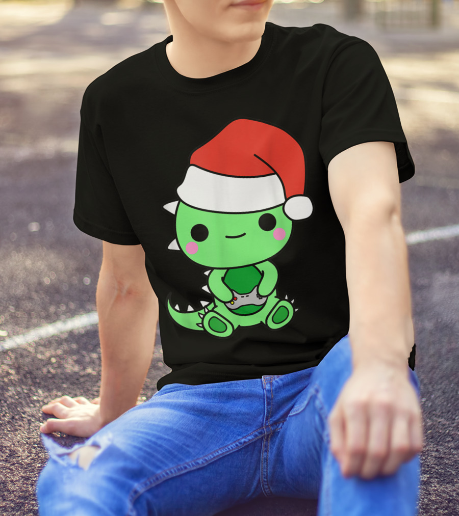 Christmas Gaming Dinosaur Santa Gamer Nerd T-Shirt
