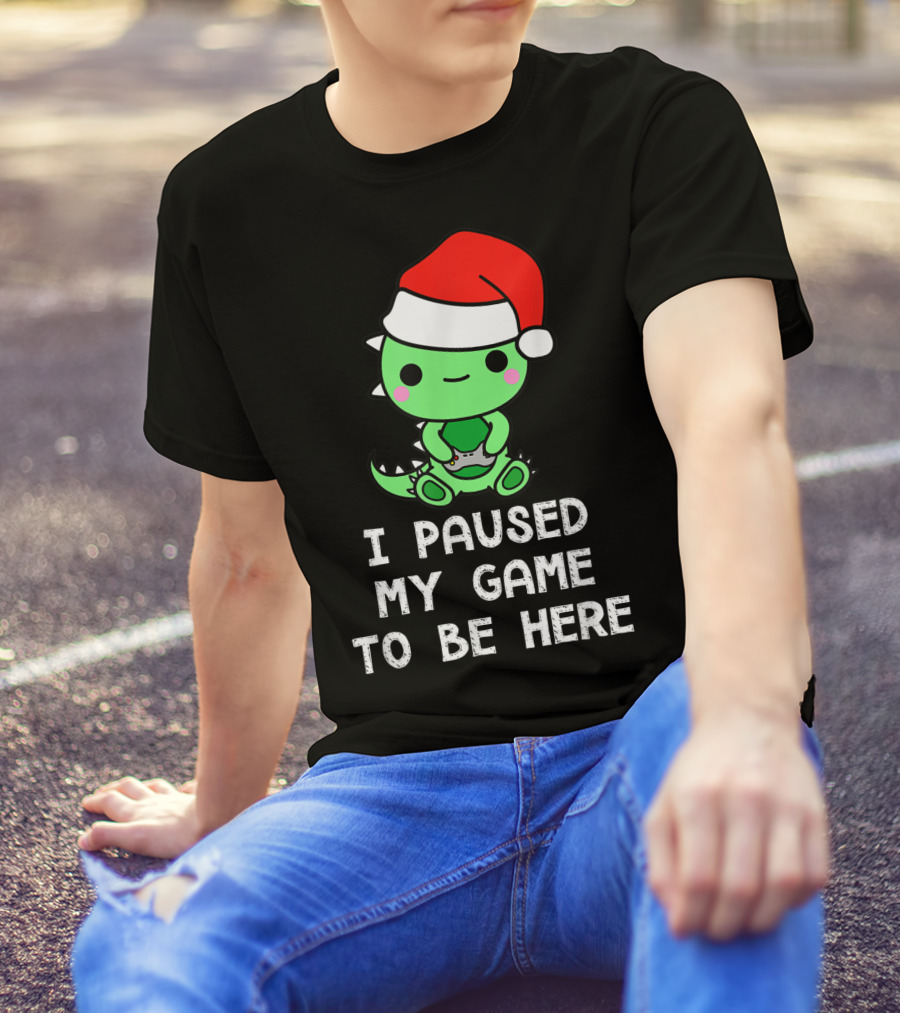 I Paused My Game To Be Here Christmas Dinosaur Gamer Santa Hat T-Shirt