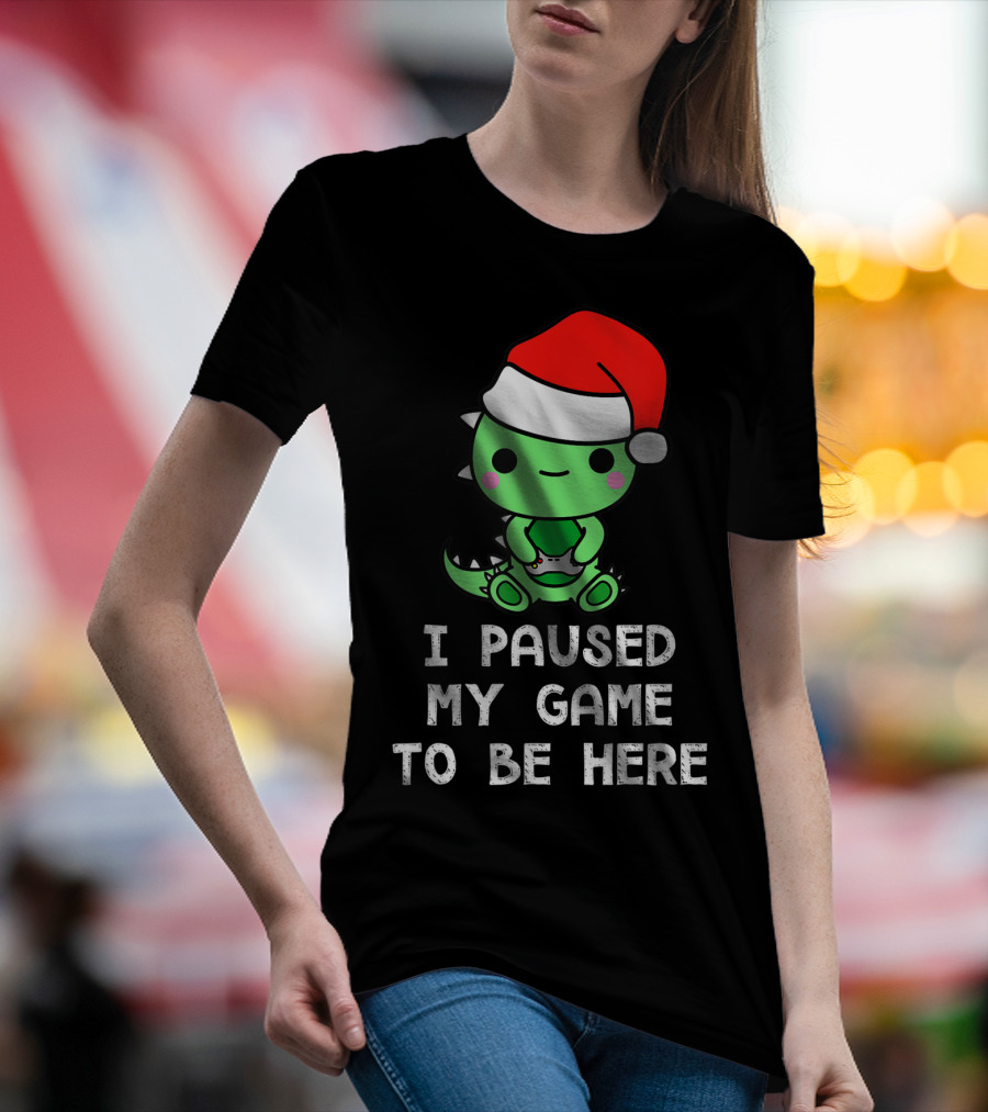 I Paused My Game To Be Here Christmas Dinosaur Gamer Santa Hat T-Shirt