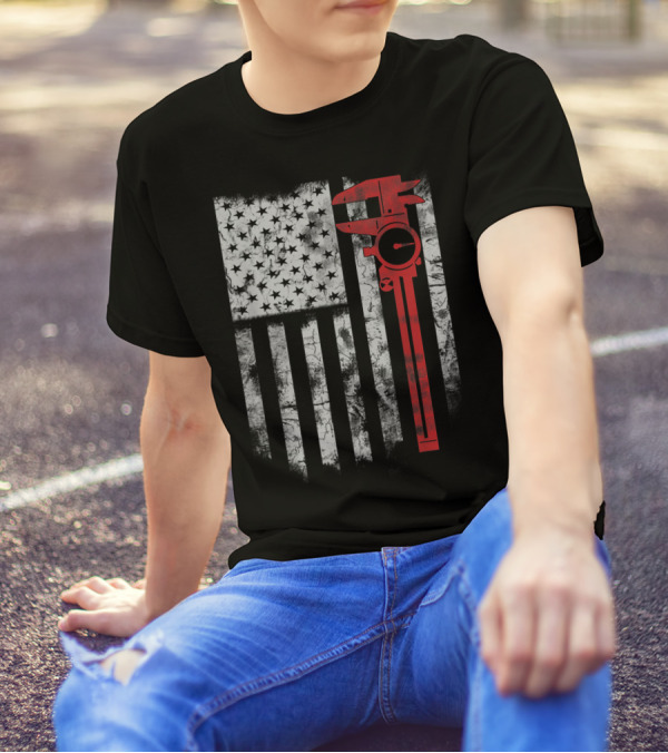 American Flag With Red Caliper For CNC Machinists T-Shirt