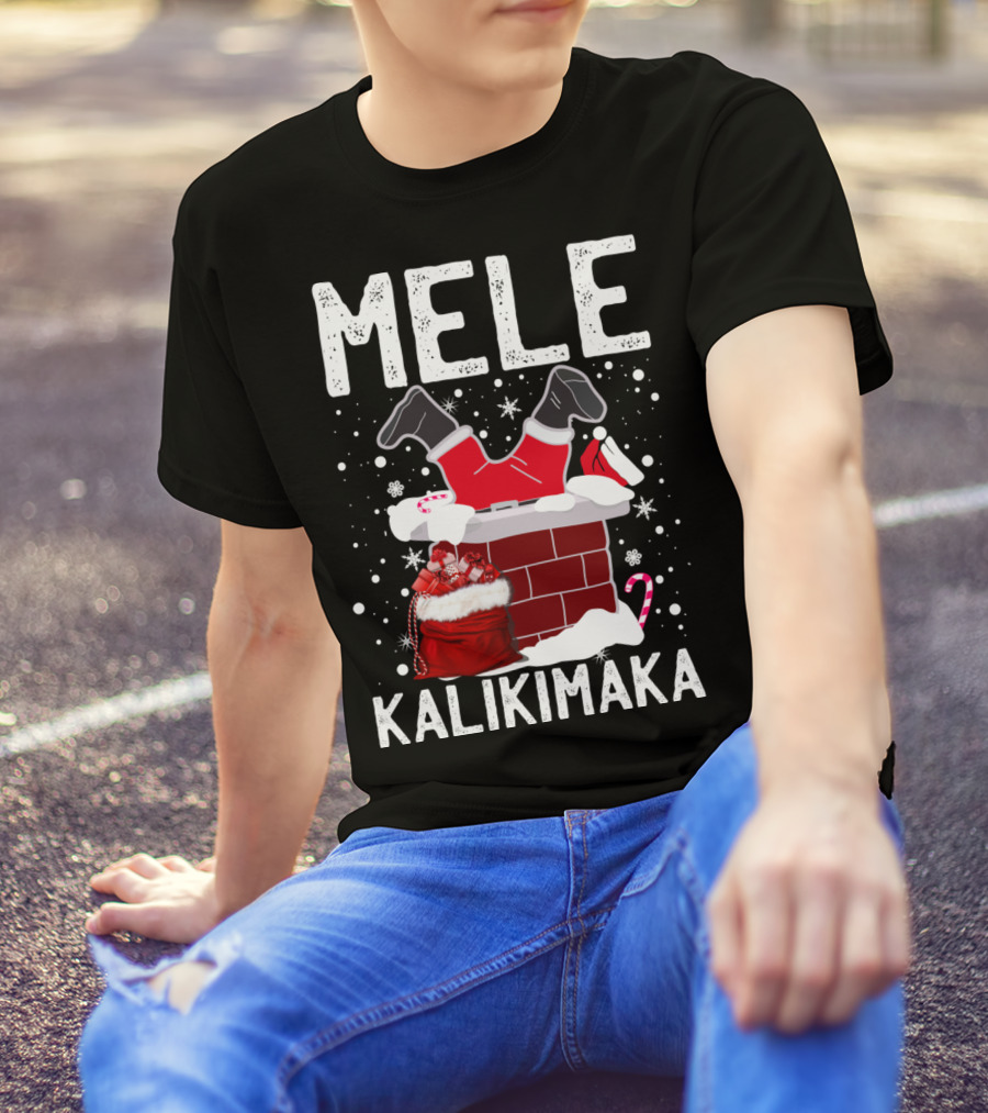 Mele Kalikimaka Santa In Chimney With Gifts Candy Cane Snowflakes Hawaiian Christmas T-Shirt