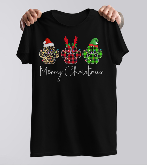 Merry Christmas Paw Dogs With Santa Hat Reindeer Antlers And Elf Hat T-Shirt