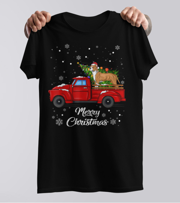 Merry Christmas Pitbull In Red Truck With Christmas Tree And Snowflakes T-Shirt